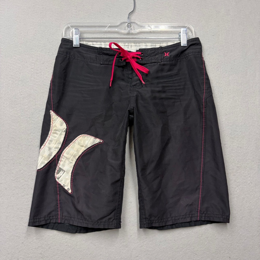 Hurley Board Shorts Women 00 Black GB040AGR Y2K Pink Stitch Logo Surf Swim